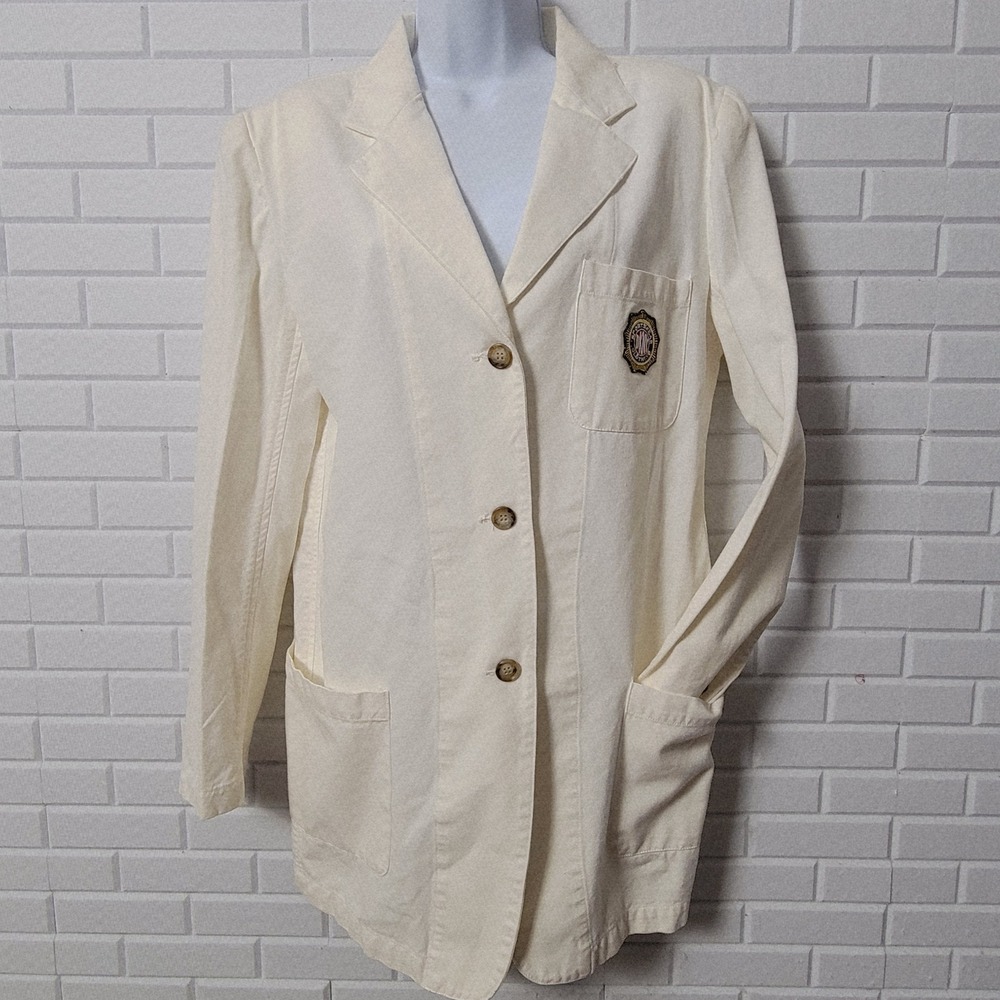 Vtg 90s DKNY Jeans Blazer Small Cream Cotton Longline Sporty Prep Crest - Picture 1 of 12